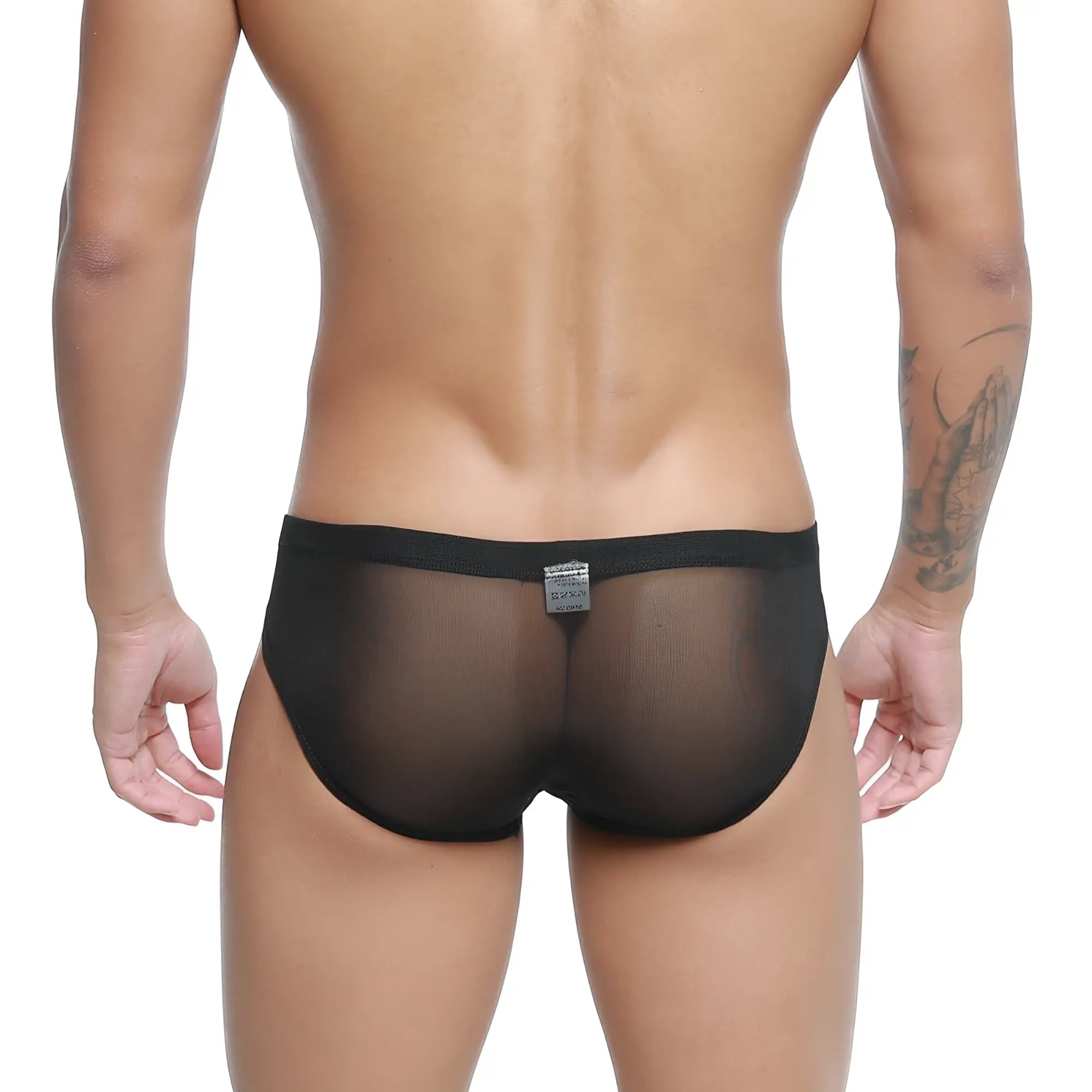 MetroMaleWear Tull Negro Bikini 5103-M70 black sheer mesh briefs with solid black waistband front view