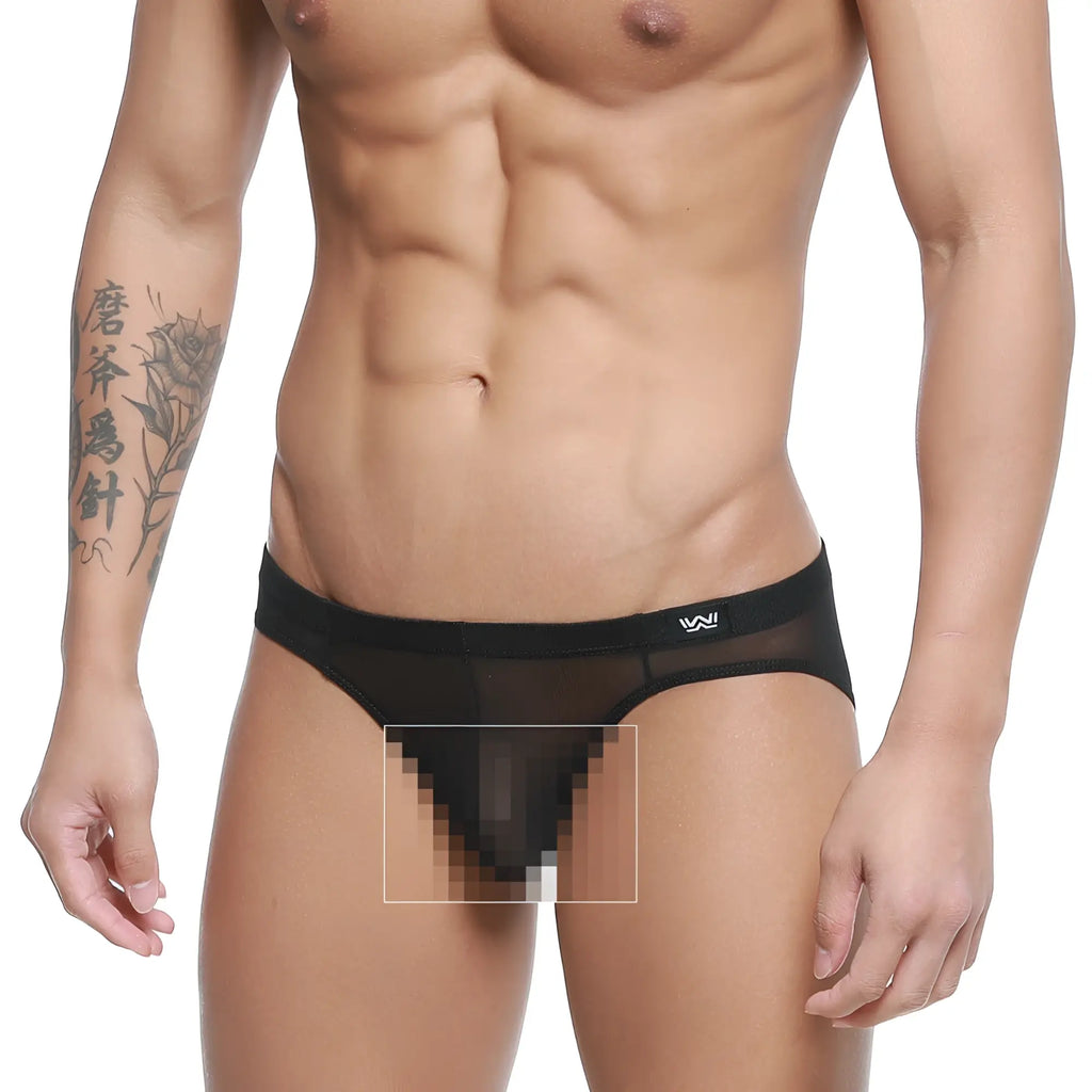 Metro malewear tull negro bikini 5103-m70 black sheer mesh briefs with solid waistband and small white logo