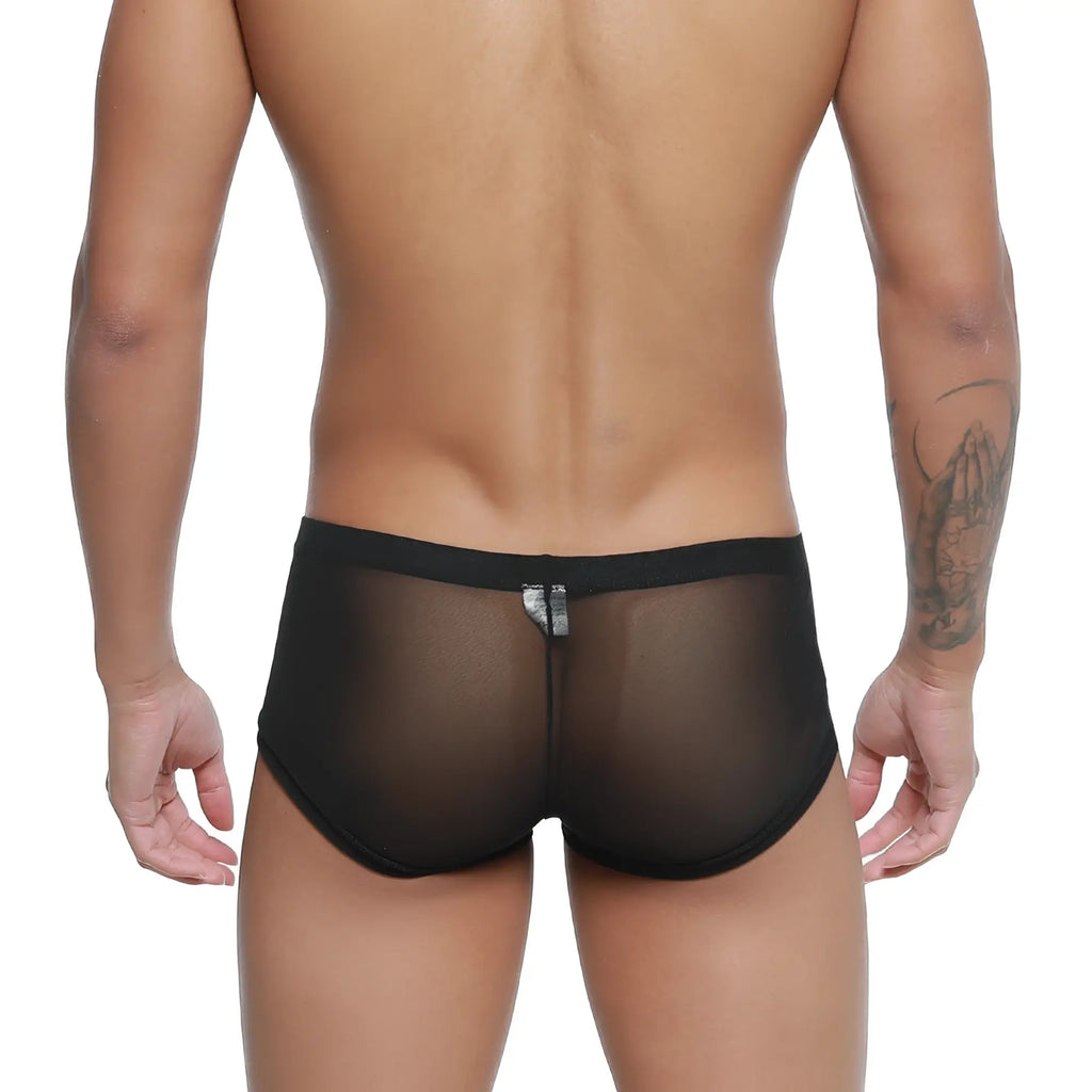 Metro male wear tull negro trunk black sheer mesh briefs with solid black waistband front view