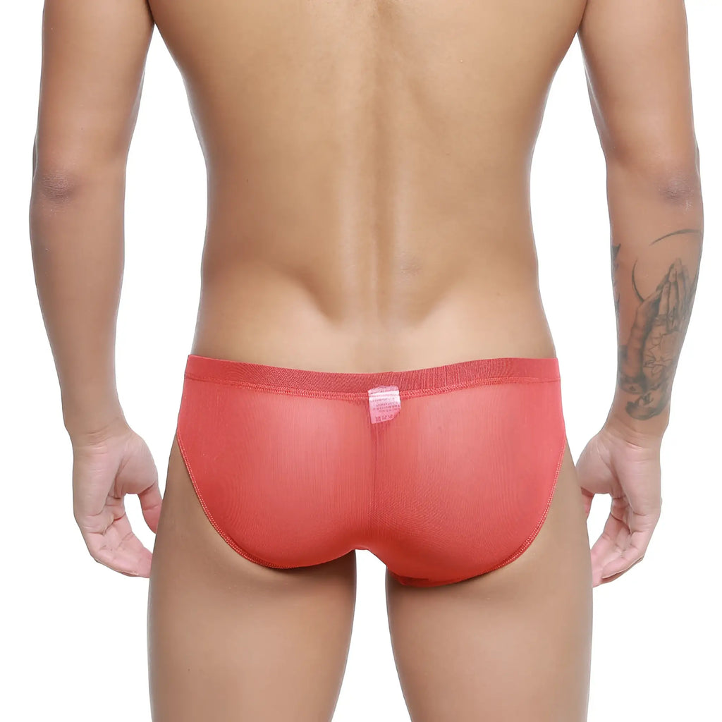 Coral-colored metro male wear tull rojo bikini 5103-m13 sheer mesh briefs with textured fabric and elastic waistband