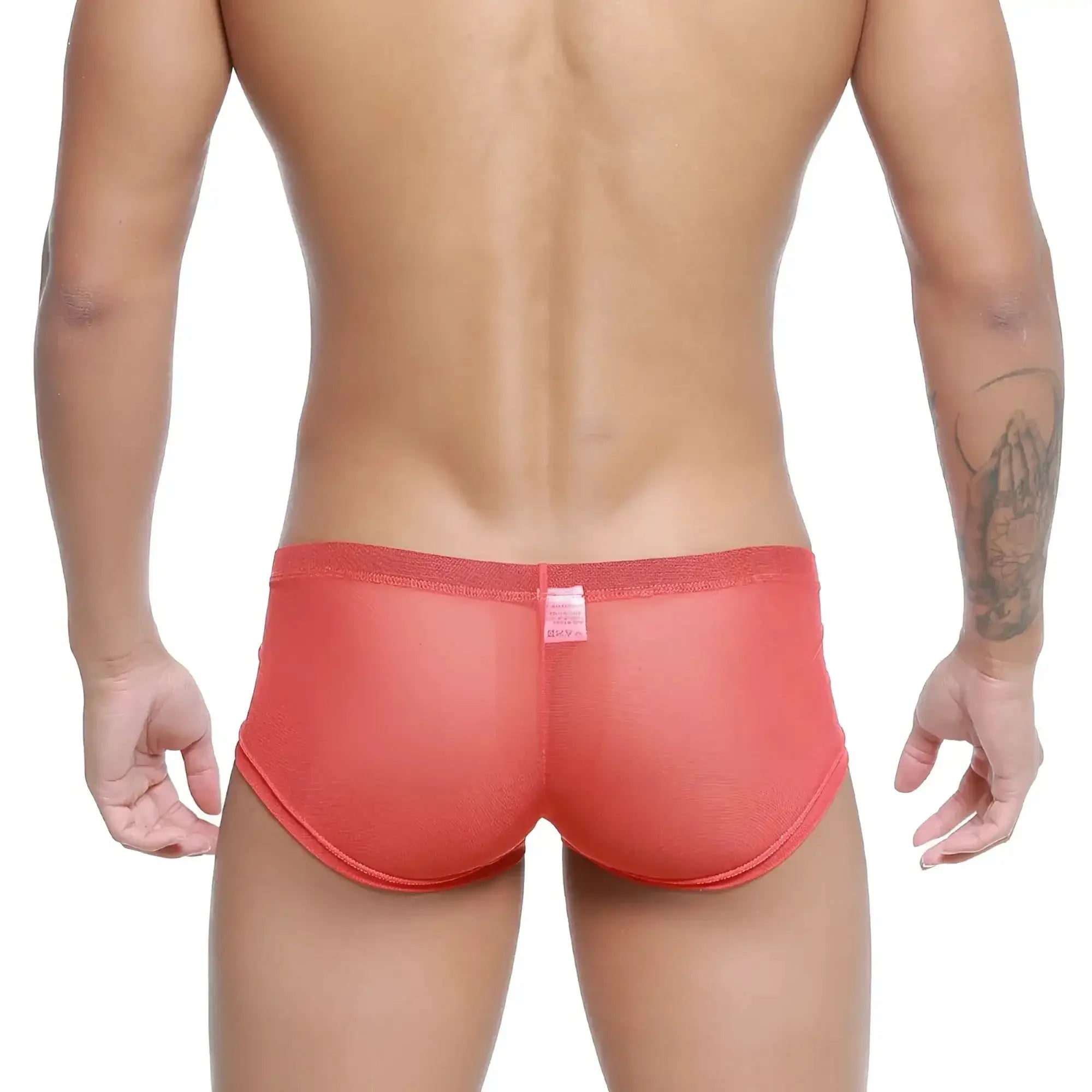 Coral-colored sheer mesh briefs with snug fit and elastic waistband from MetroMaleWear Tull Rojo Trunk 2125-13