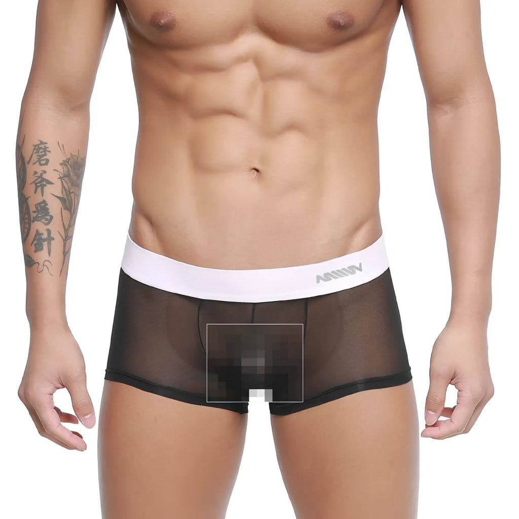 Black sheer mesh briefs with white elastic waistband branded amuw from MetroMaleWear Tull Trunk 2026-19