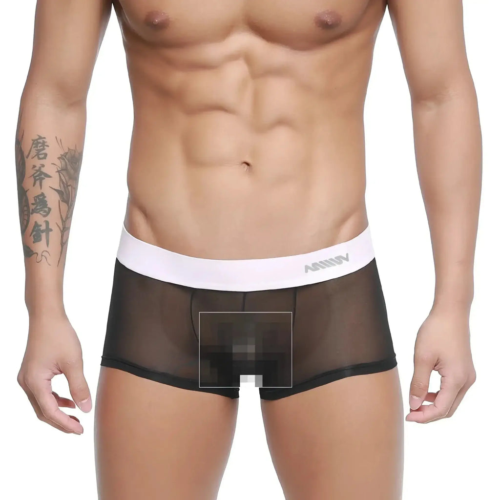 Black sheer mesh briefs with white elastic waistband branded amuw from MetroMaleWear Tull Trunk 2026-19