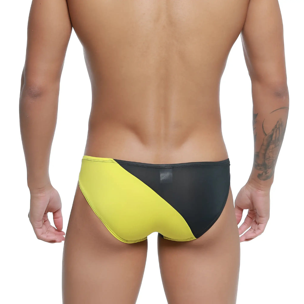 MetroMaleWear TXM bikini black 5143-20 swim trunks with black and yellow diagonal cut for stylish beachwear