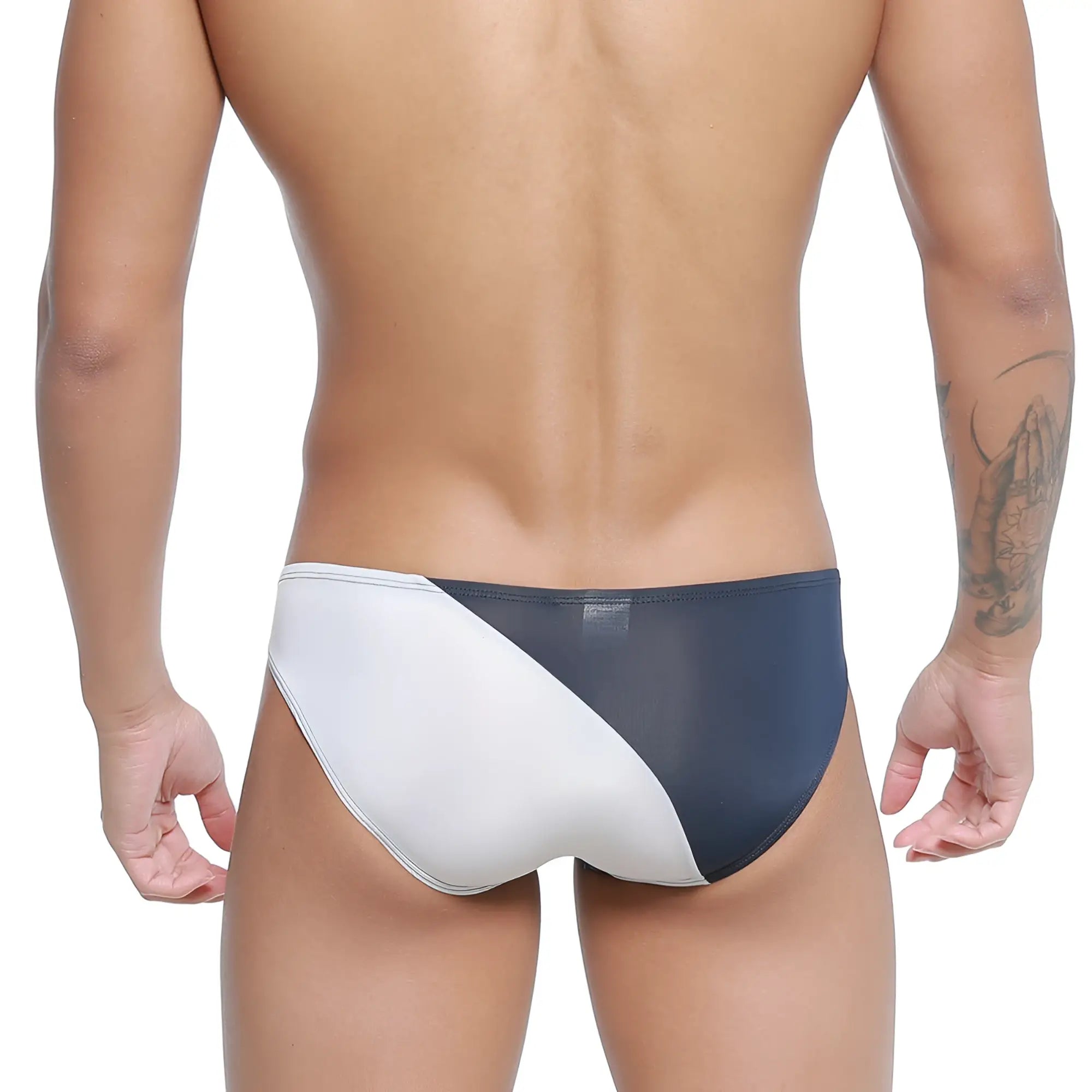 MetroMaleWear TXM bikini dark blue two-tone swim trunks with white mesh panel design for stylish beachwear