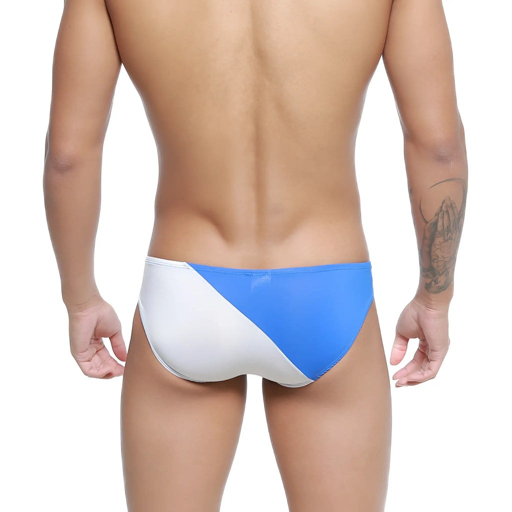 MetroMaleWear TXM bikini royal blue two-tone swim trunks with sleek modern design in blue and white