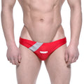 Red and silver athletic swim trunks with bold diagonal stripe design from Metromalewear Ultimo Bikini 4963-12