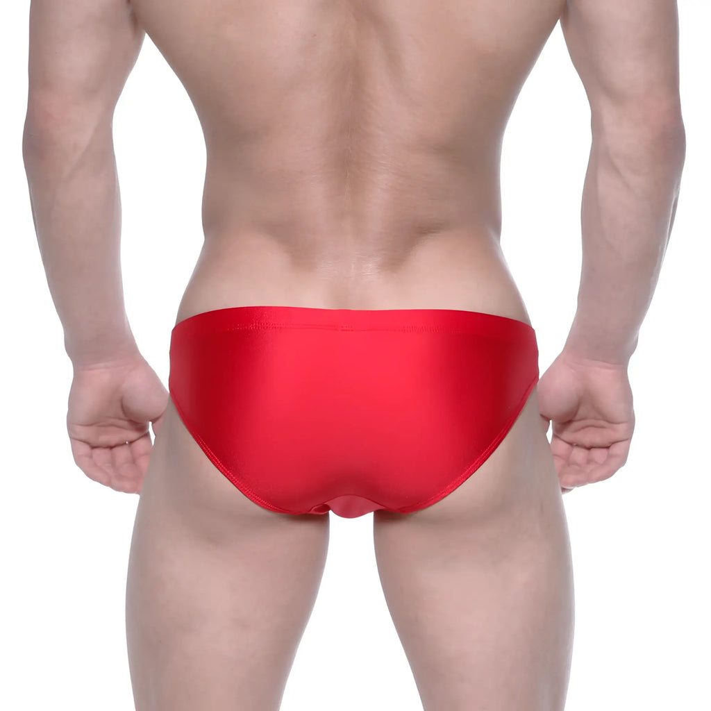 MetroMaleWear Ultimo bikini red satin swim trunks in vibrant red featuring a sleek design for swimwear use