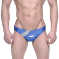 MetroMalewear ultimo bikini royal blue athletic swim trunks in blue and gray with white logo for performance use