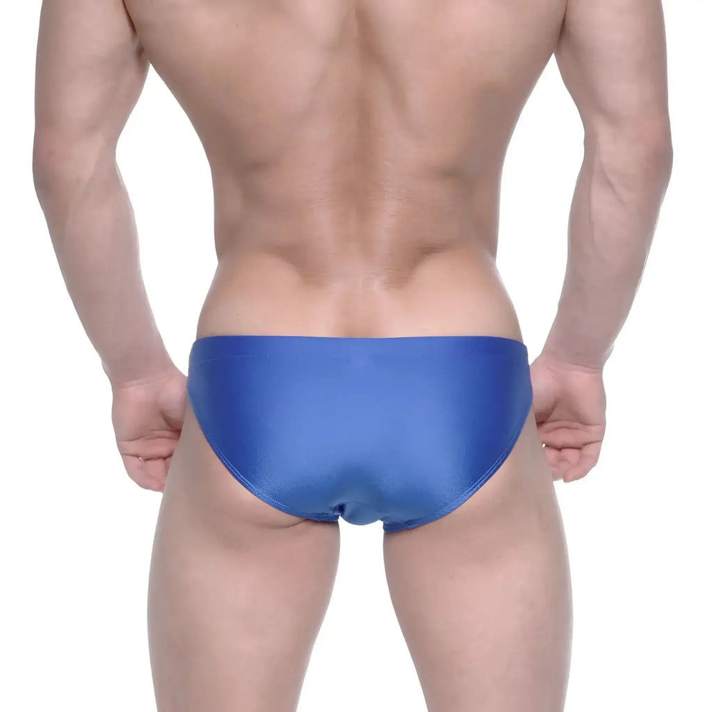 Metro malewear ultimo bikini swim trunks in royal blue satin featuring a sleek and smooth finish