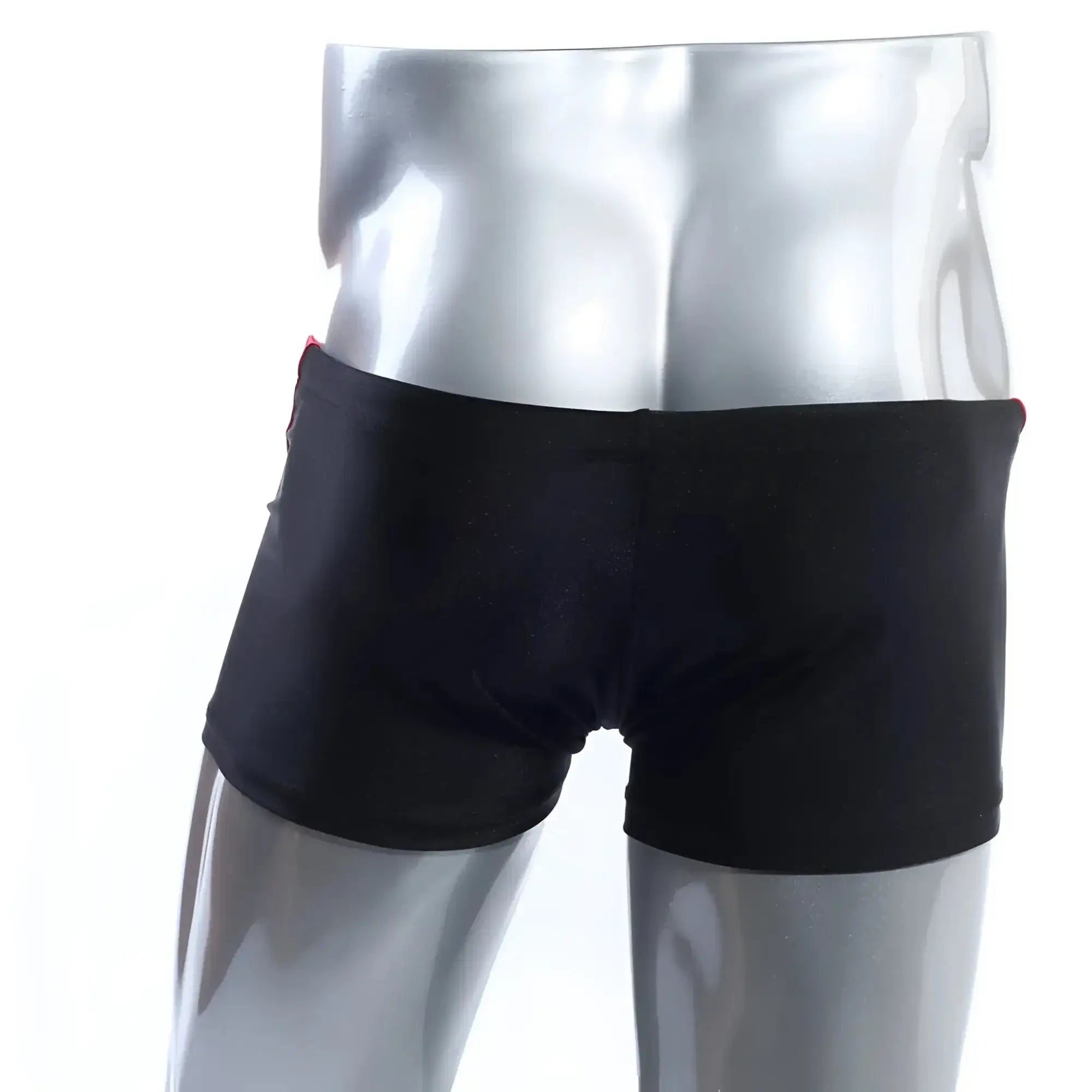 MetroMaleWear ultra square cut swim trunks in black with red side trim designed for comfortable swimming