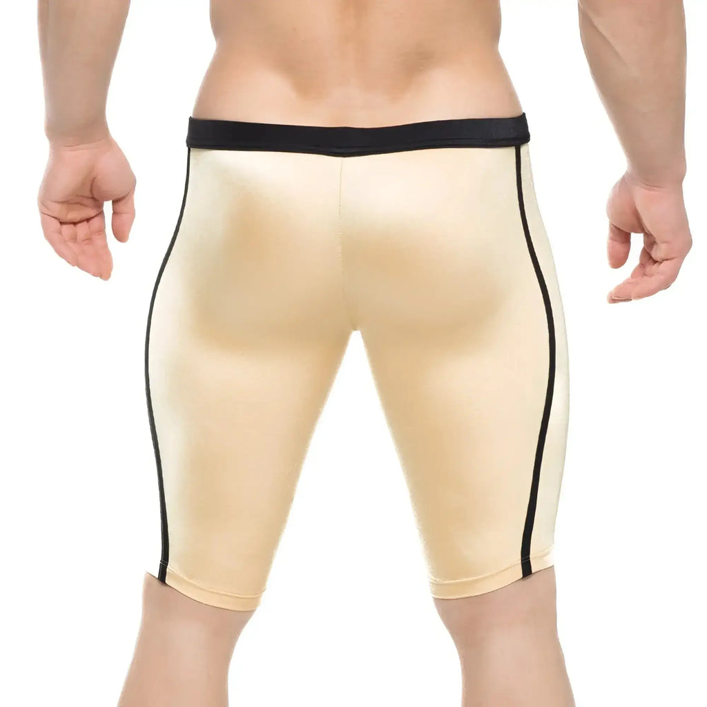Beige metallic athletic shorts with black trim from MetroMaleWear university biker gold 4020-21 for active wear