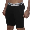 Black athletic shorts with gray mimov logo waistband from MetroMaleWear Uphole Long Boxer Black 3031-20 collection
