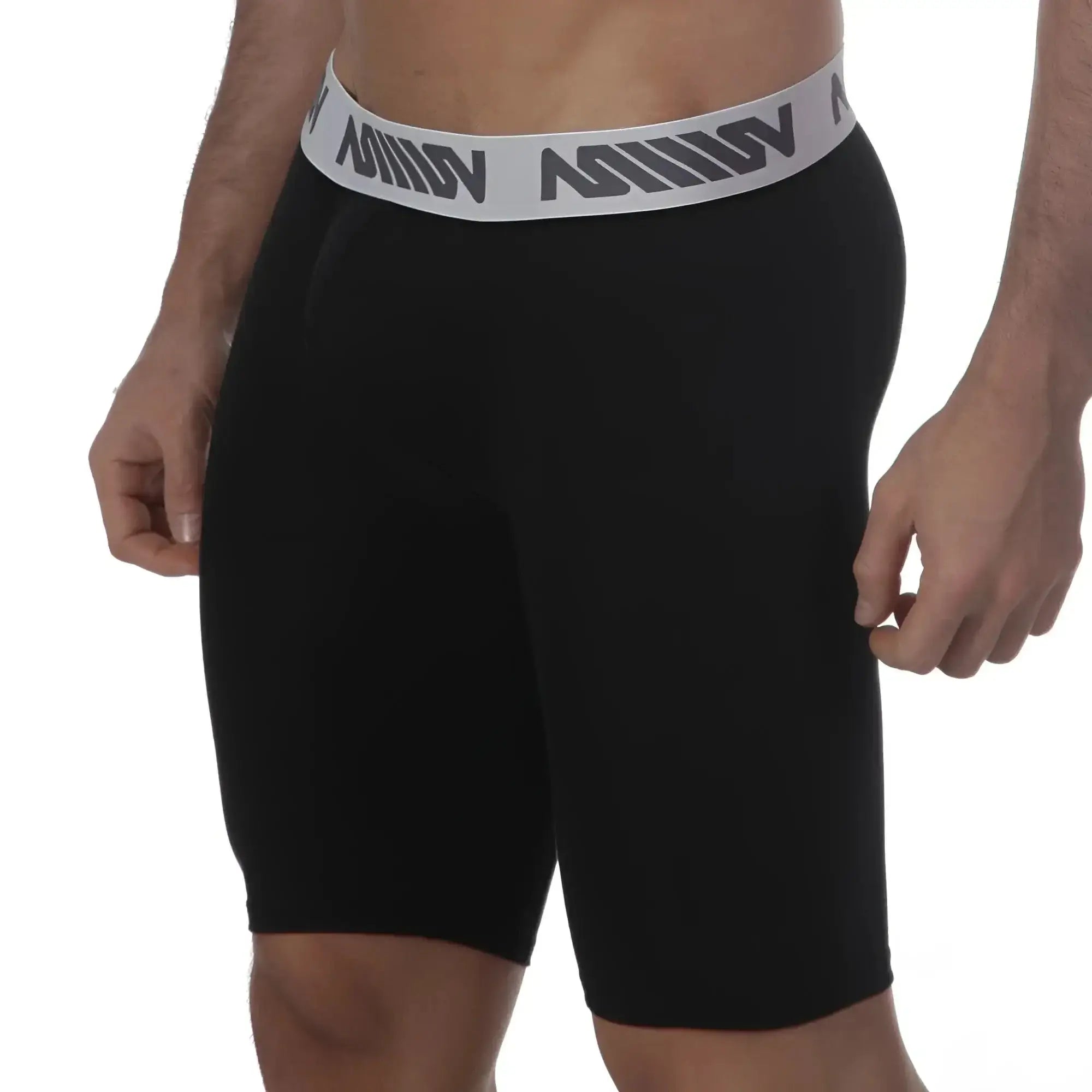 Black athletic shorts with gray mimov logo waistband from MetroMaleWear Uphole Long Boxer Black 3031-20 collection