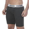 Black men’s boxer briefs with a white elastic waistband featuring gray million branding in MetroMaleWear Uphole Long Heather