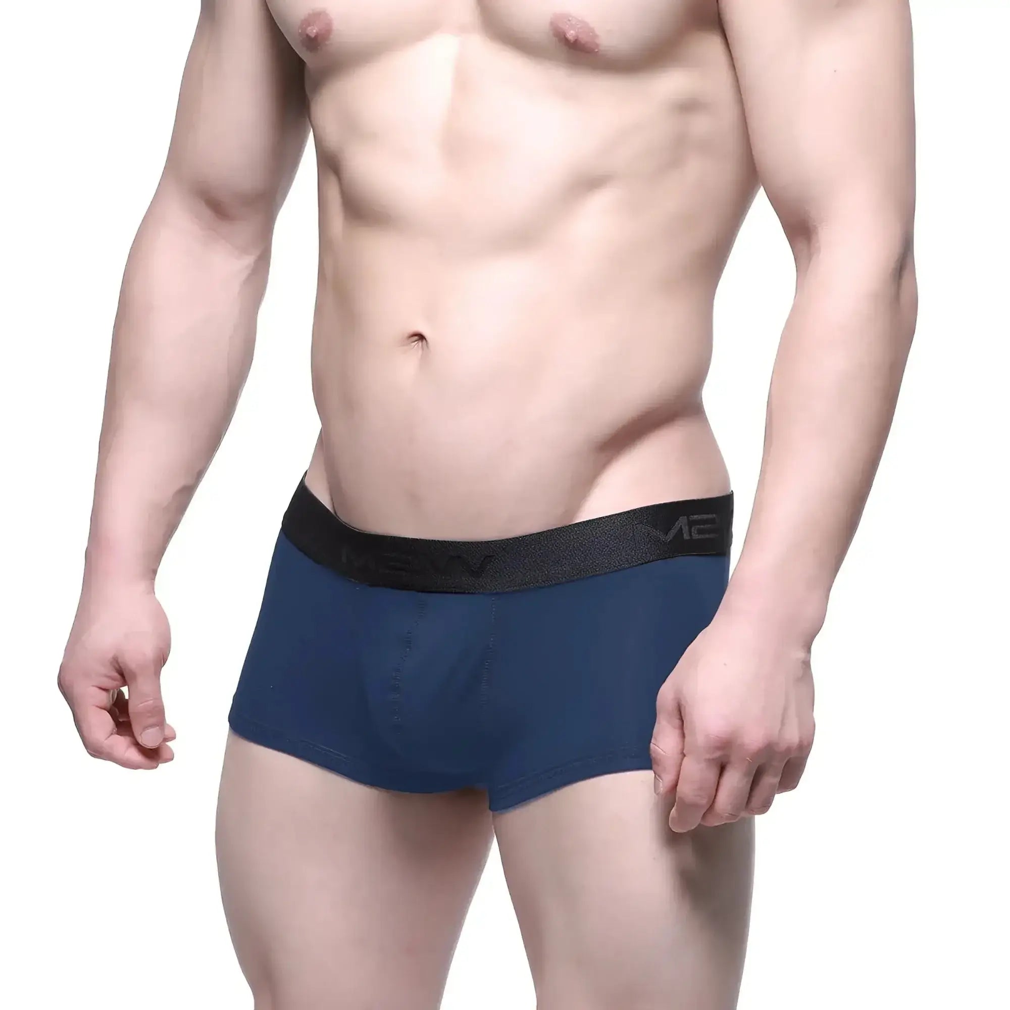 MetroMaleWear Uphole Short Boxer navy blue men’s briefs with black elastic waistband and menw logo