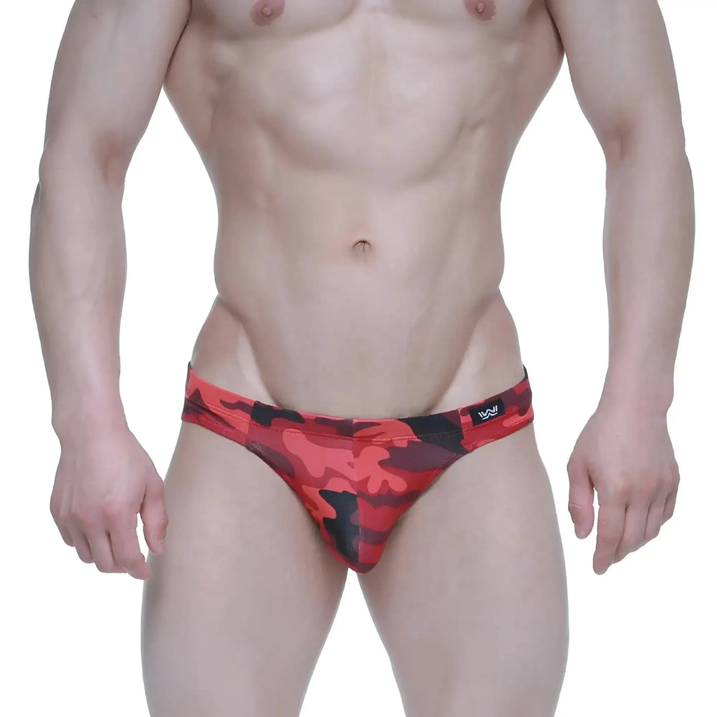 Red and black camouflage men’s briefs with small MetroMaleWear logo on waistband urban camo bikini 5103-M90