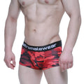 Red and black camouflage men’s boxer briefs with black waistband featuring metromalewear brand name