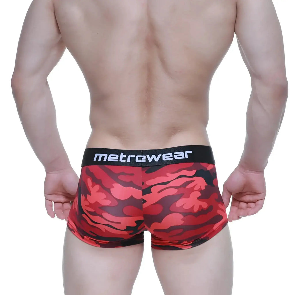 Red and black camouflage patterned mens briefs with black metrewear waistband metroMaleWear urban camo trunk 2026-90