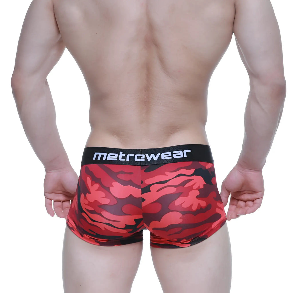Red and black camouflage patterned mens briefs with black metrewear waistband metroMaleWear urban camo trunk 2026-90