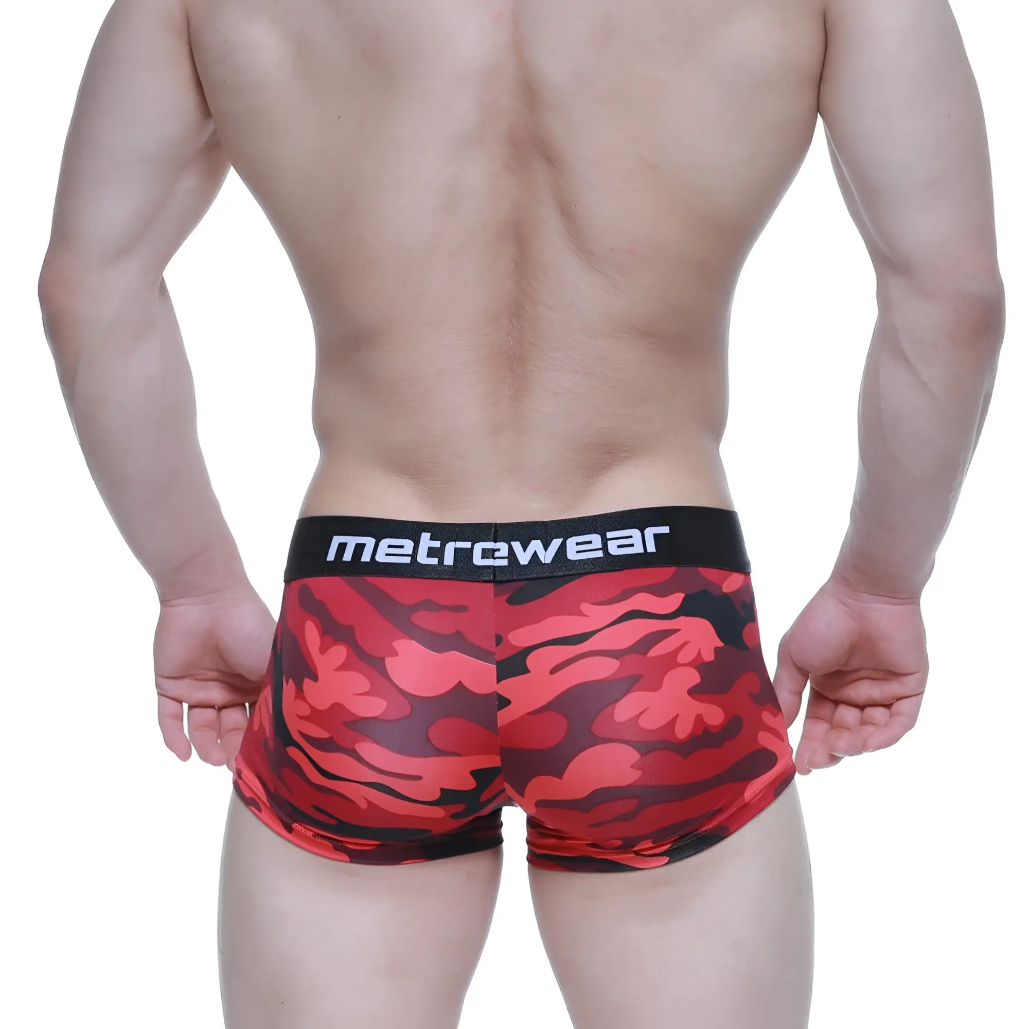 Red and black camouflage patterned mens briefs with black metrewear waistband metroMaleWear urban camo trunk 2026-90