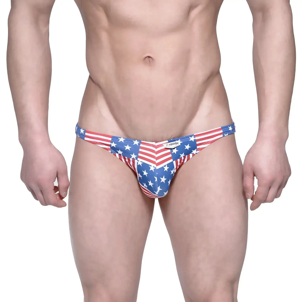Metro malewear usa hip bikini briefs in red white and blue with bold star and stripe pattern for patriotic wear
