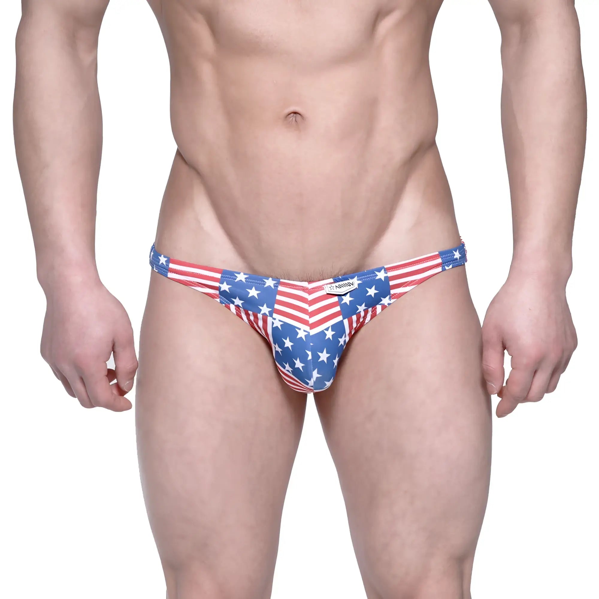 Metro malewear usa hip bikini briefs in red white and blue with bold star and stripe pattern for patriotic wear