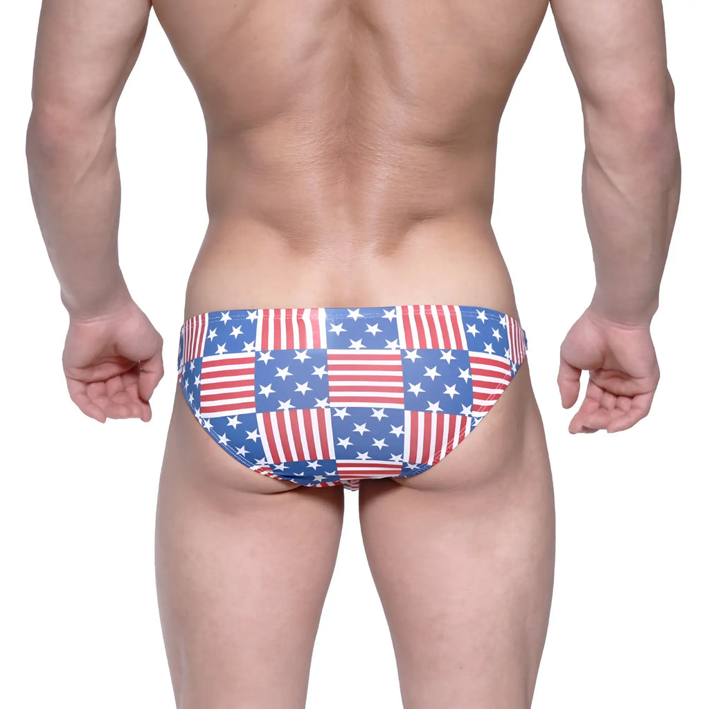 MetroMalewear usa hip bikini swim trunks in red white and blue american flag patchwork design for men