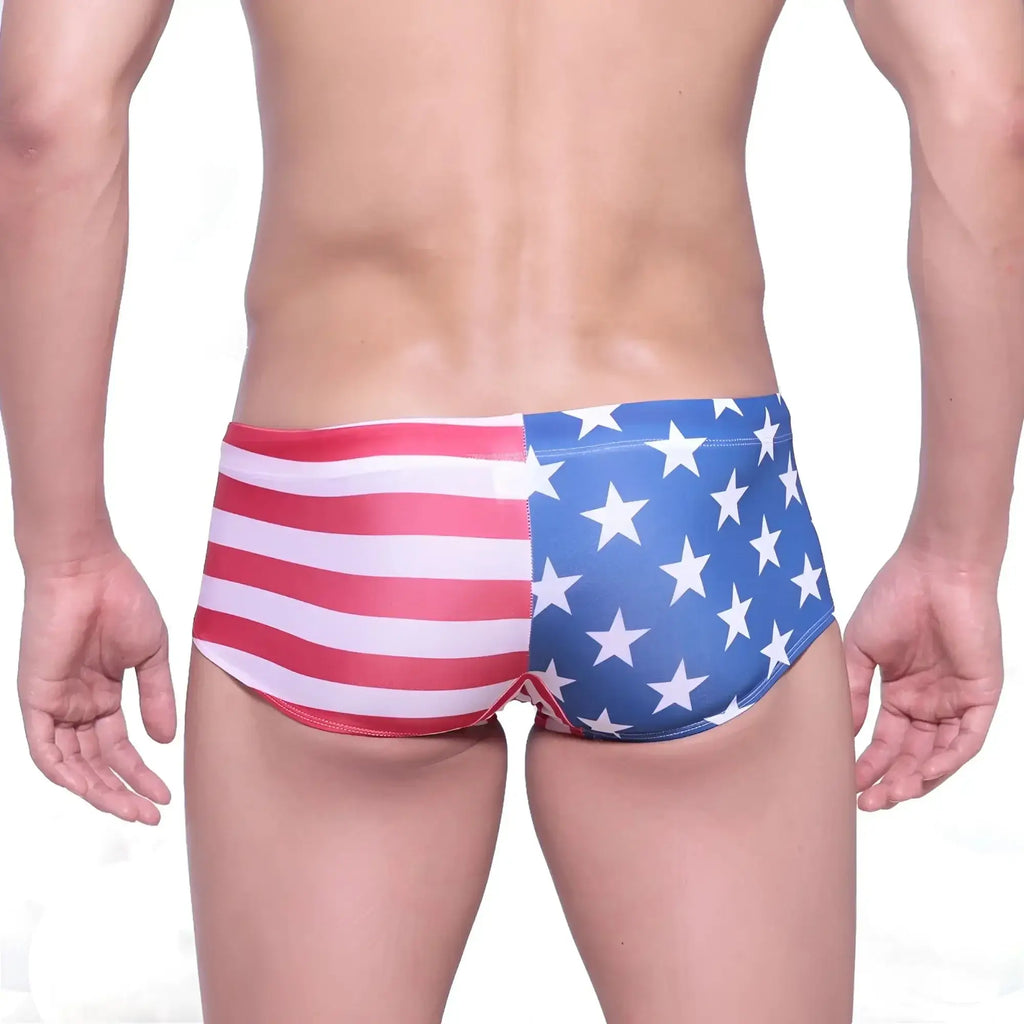 MetroMaleWear USA swim trunk 4938-90 features American flag-themed red white and blue colors for beachwear