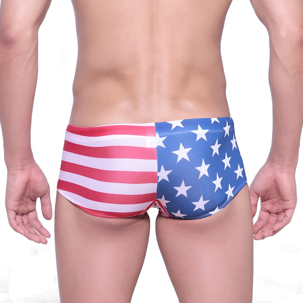 MetroMaleWear USA swim trunk 4938-90 features American flag-themed red white and blue colors for beachwear