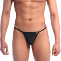 MetroMaleWear V bikini black thong with thin smooth elastic waistband and small red brand tag on the side