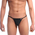MetroMaleWear V bikini black thong with thin smooth elastic waistband and small red brand tag on the side