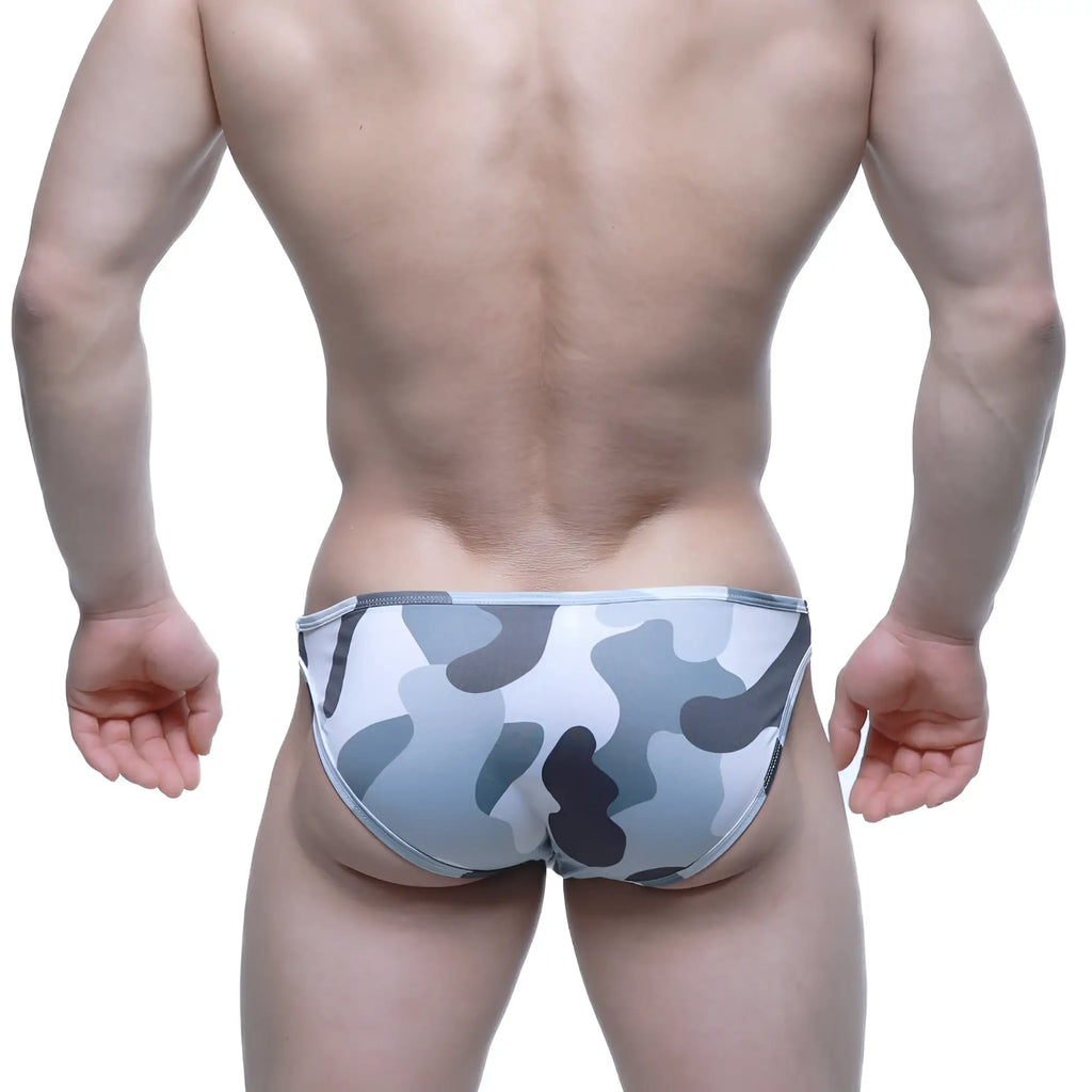 MetroMaleWear Vacas bikini gray men’s briefs with gray and white camouflage pattern designed for comfort and style