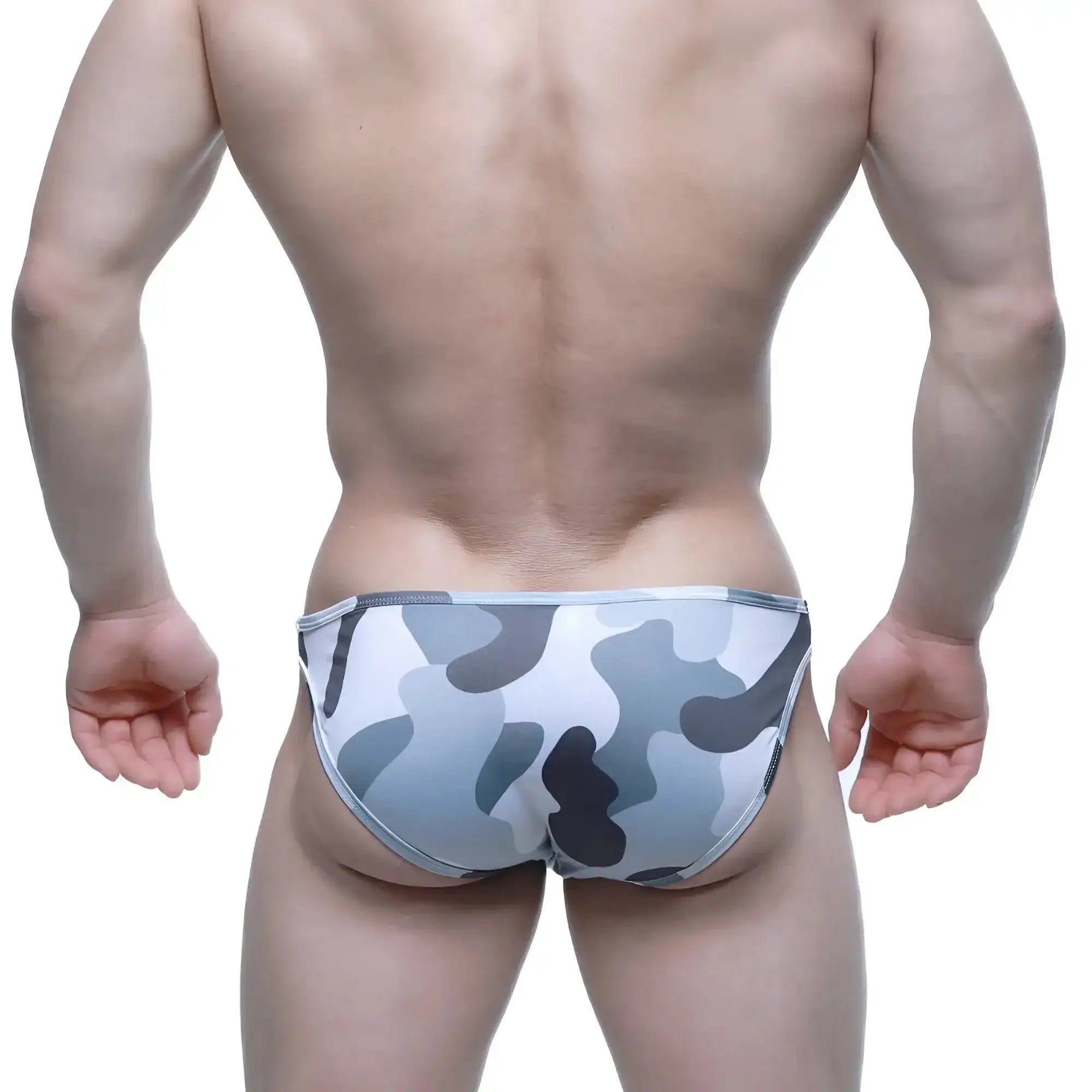 MetroMaleWear Vacas bikini gray men’s briefs with gray and white camouflage pattern designed for comfort and style