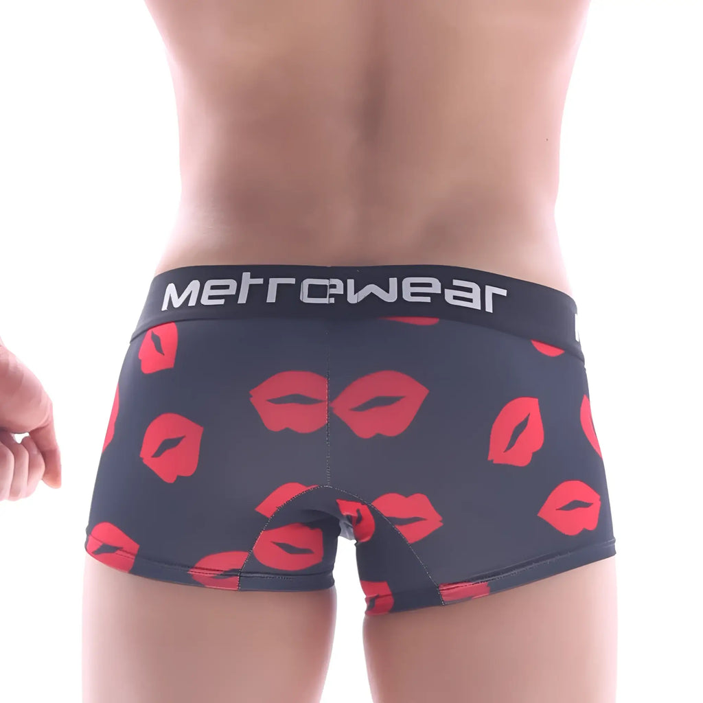 Black metro malewear boxer briefs with red lipstick print and white metrowear waistband 7 inch inseam