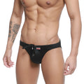 Black satin swim trunks with a drawstring waistband and small red logo from MetroMaleWear Vanguard collection