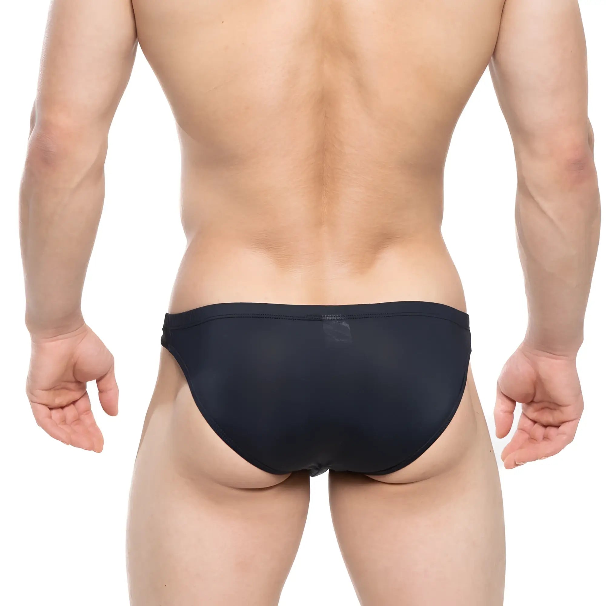 MetroMaleWear Vaquero bikini black swim trunks form-fitting smooth stretchy fabric with subtle logo on waistband