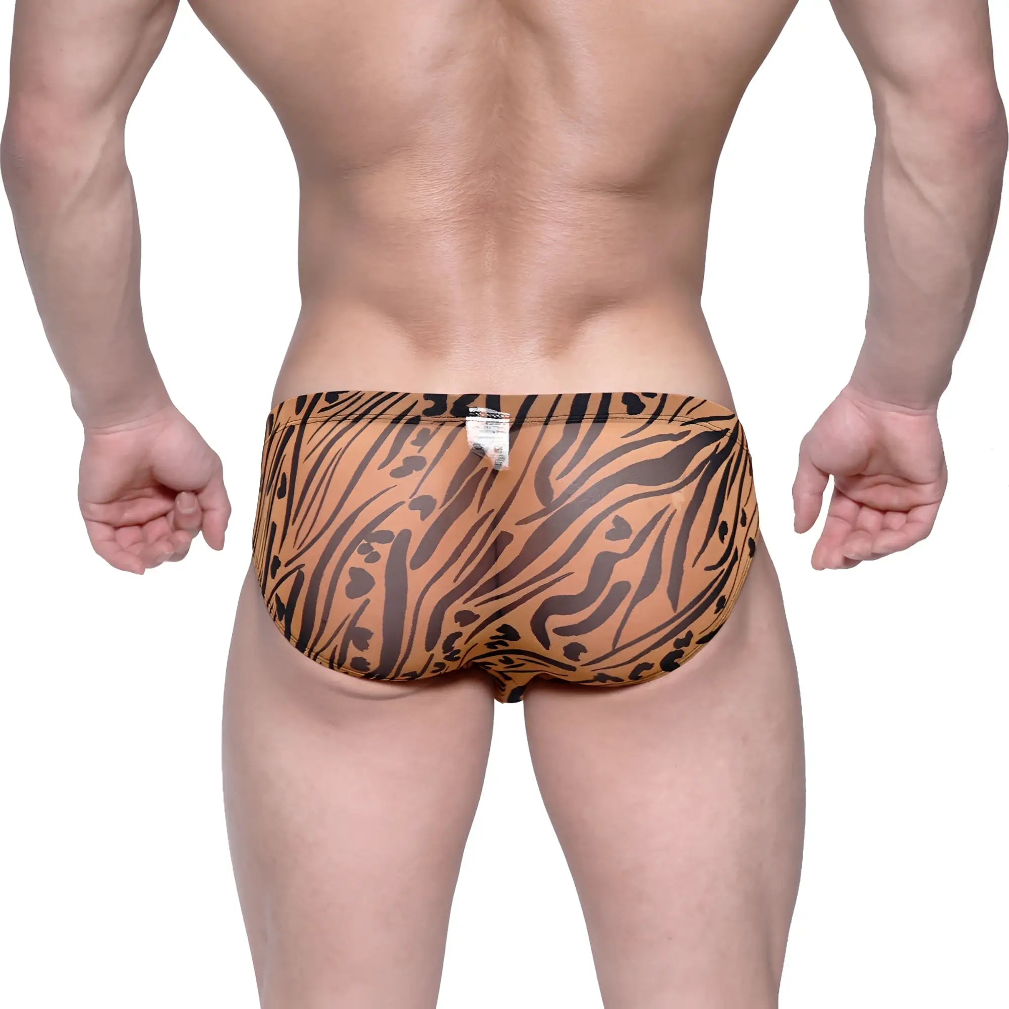 Orange and black tiger-striped swim trunks metroMalewear vasco hip brief animal gold 5103-75 highlighting bold pattern
