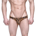 Metro male wear vasco hip brief swim trunks in tan and black leopard print with bold stylized animal pattern