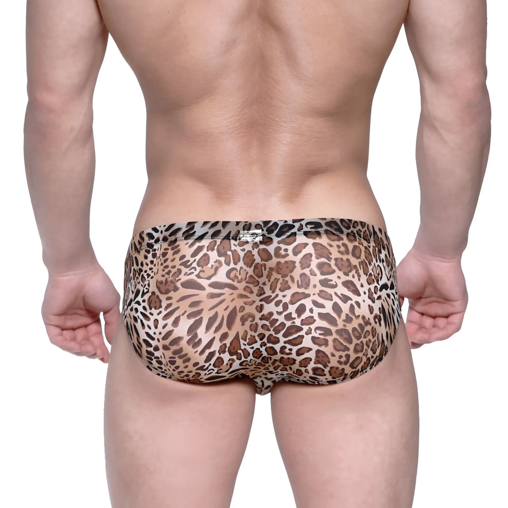 MetroMaleWear Vasco hip brief animal yellow leopard-print swim trunks in sheer stretchy fabric with brown and black spots