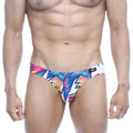 Metro male wear vasco hip brief atractivo 5103-33 vibrant geometric patterned men’s briefs in blue pink and yellow on white base