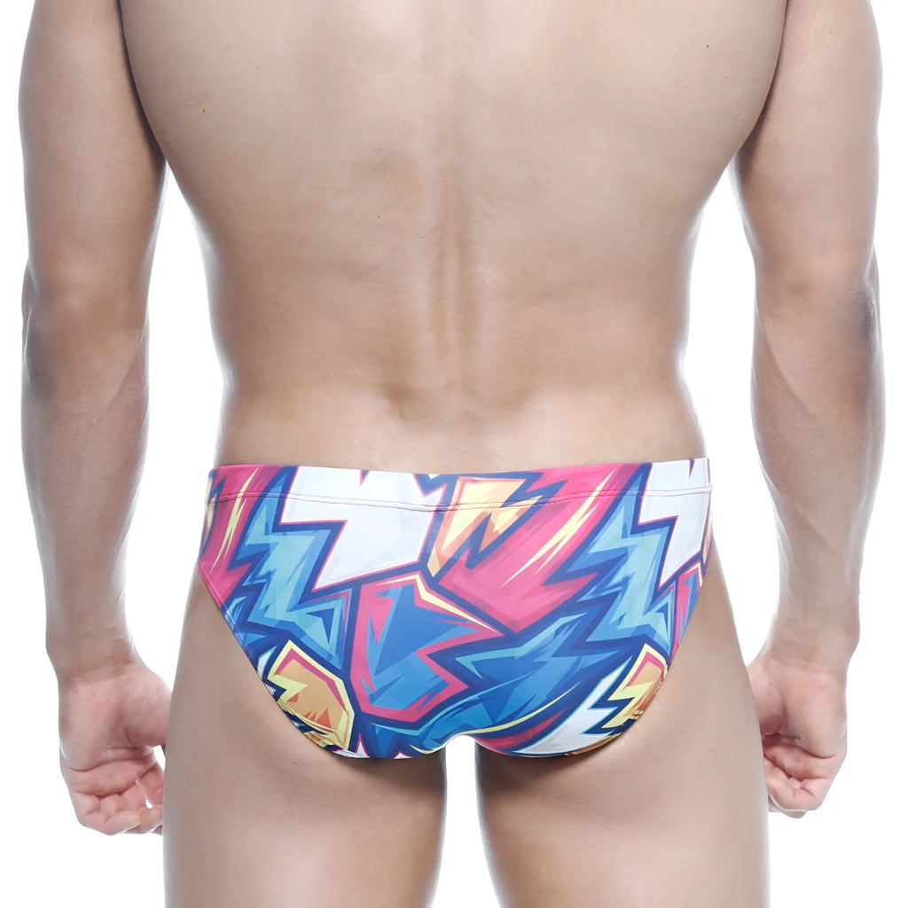 MetroMaleWear Vasco Hip Brief atractivos 5103-33 vibrant graffiti pink blue yellow lightning bolt swim trunks on white base