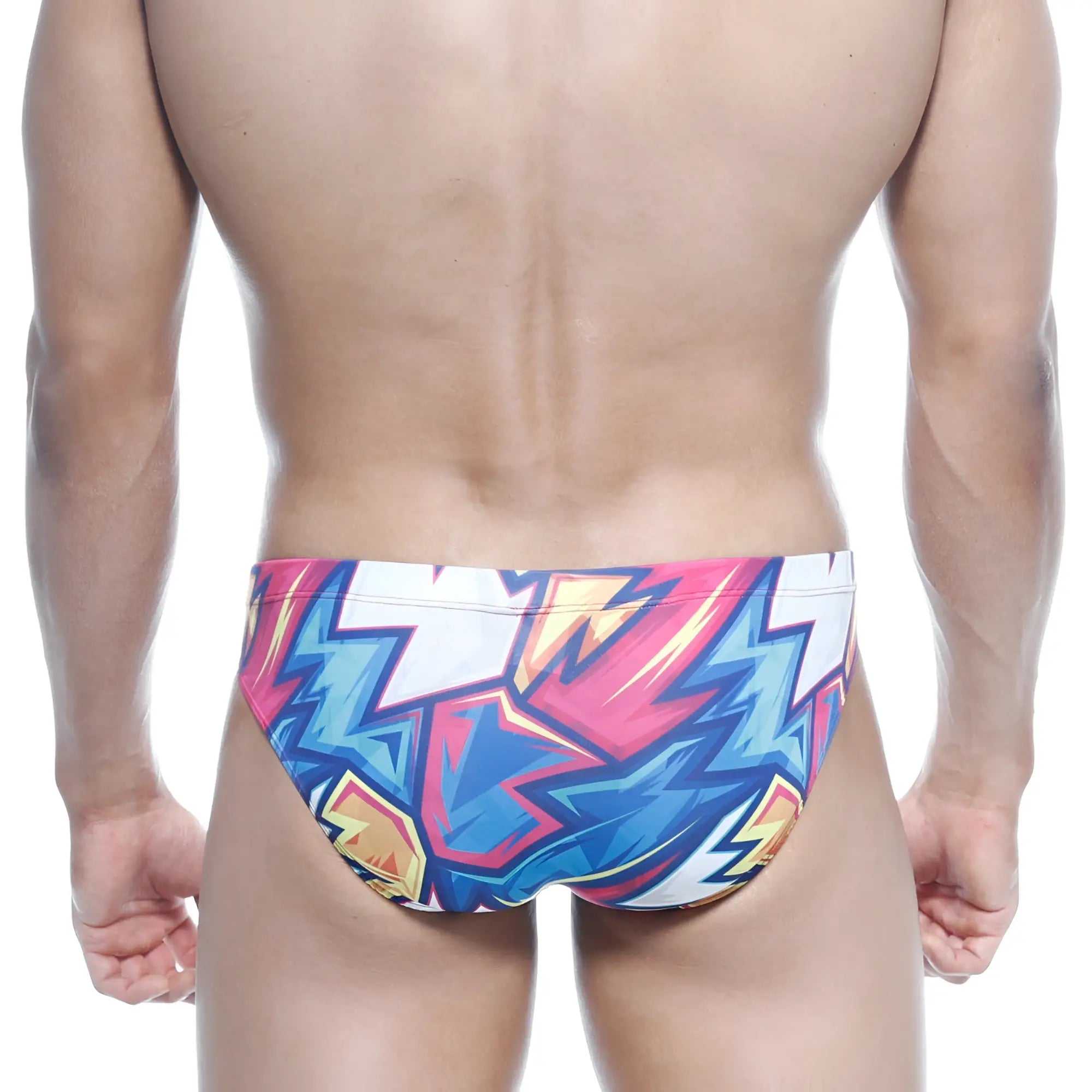 MetroMaleWear Vasco Hip Brief atractivos 5103-33 vibrant graffiti pink blue yellow lightning bolt swim trunks on white base