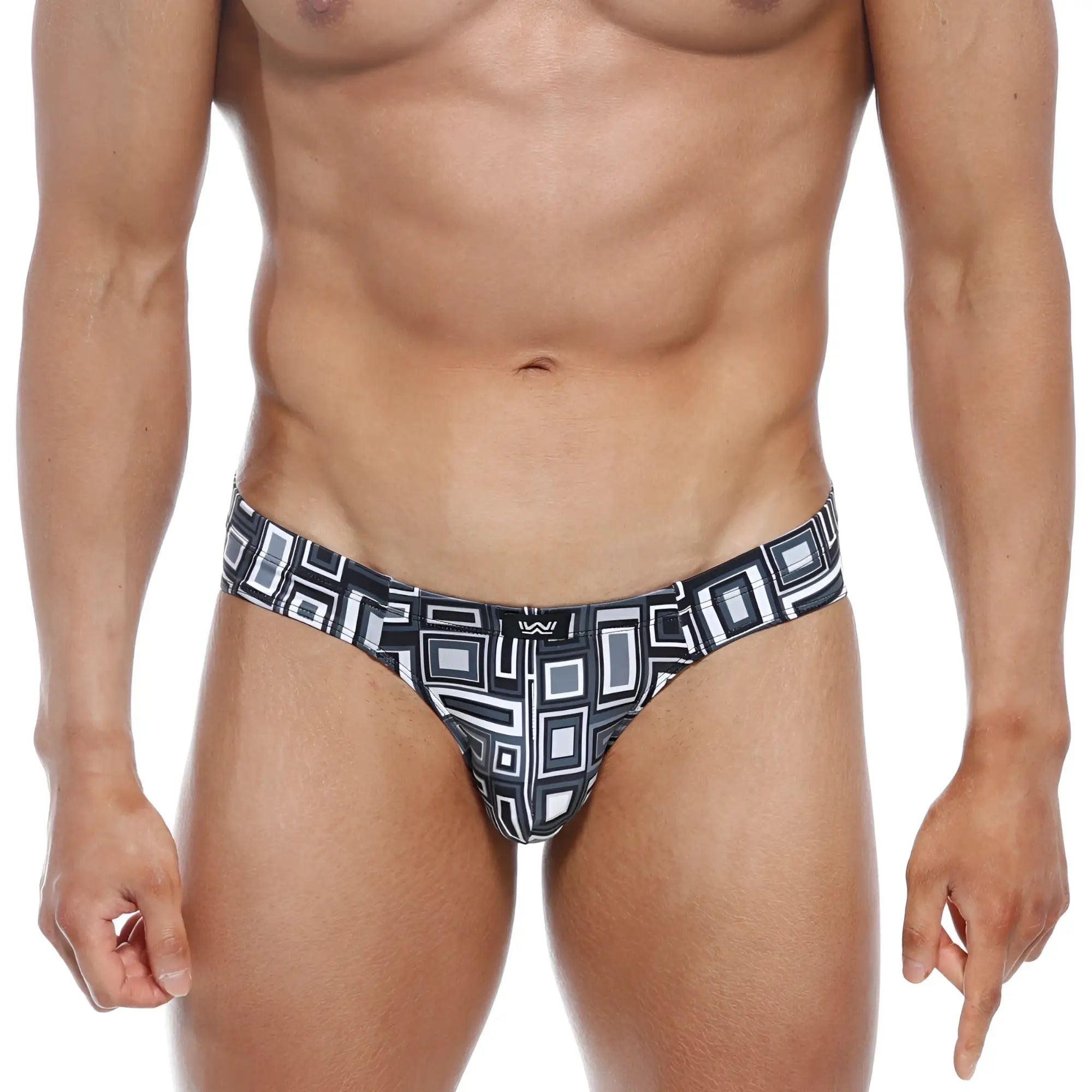 Black and white geometric-patterned men’s swim trunks with bold modern design metroMalewear vasco hip brief basalto 5103-23