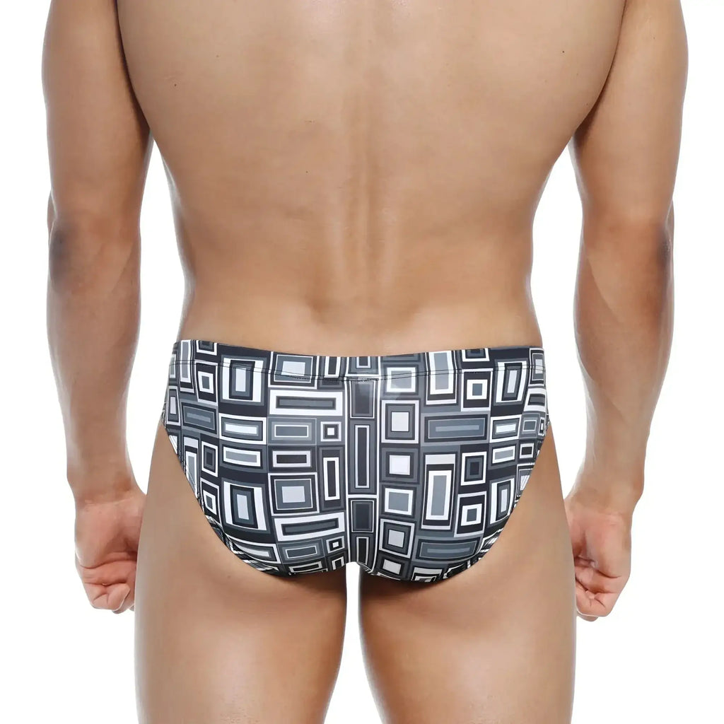 Metro male wear vasco hip brief in black and white geometric pattern with modern abstract design swim trunks