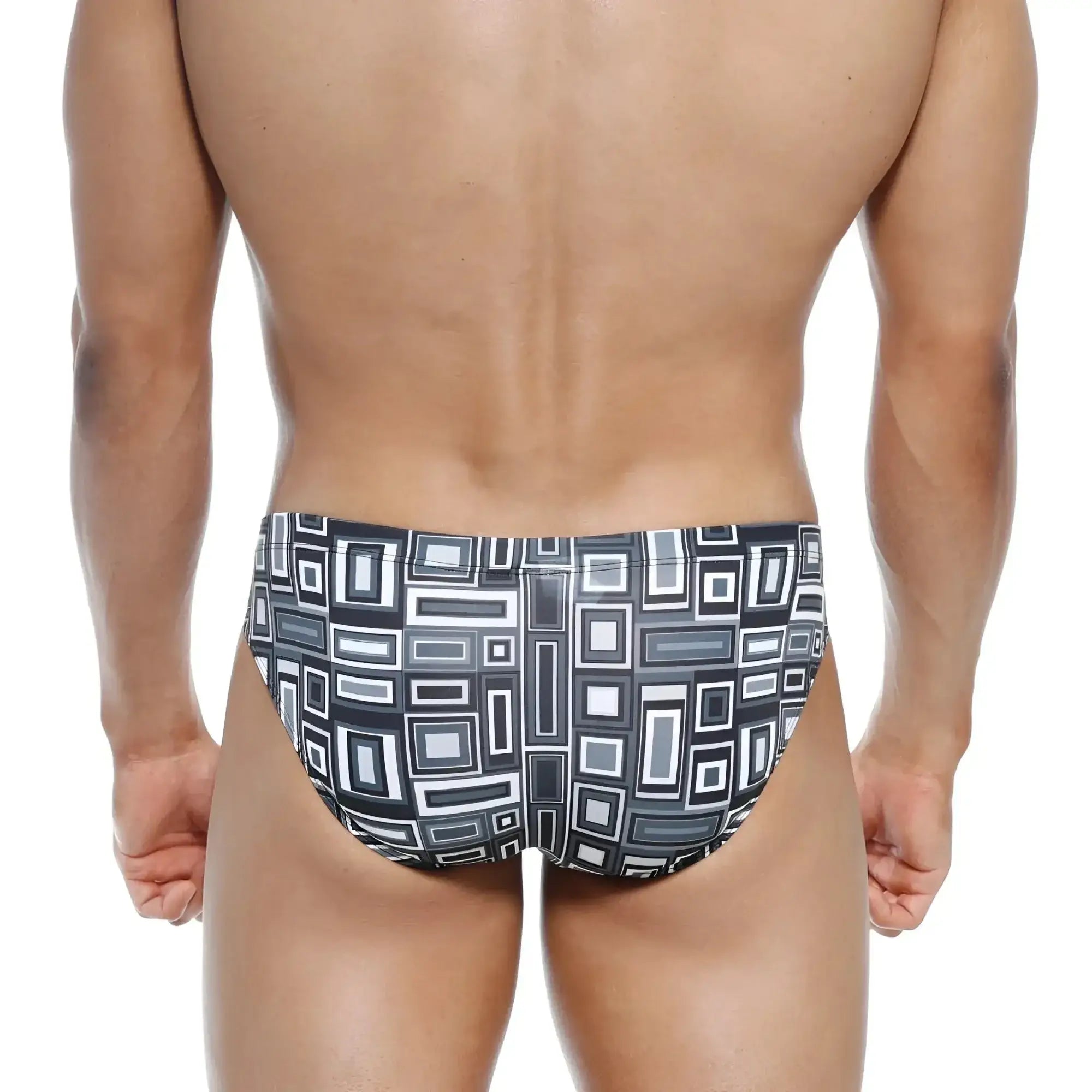 Metro male wear vasco hip brief in black and white geometric pattern with modern abstract design swim trunks