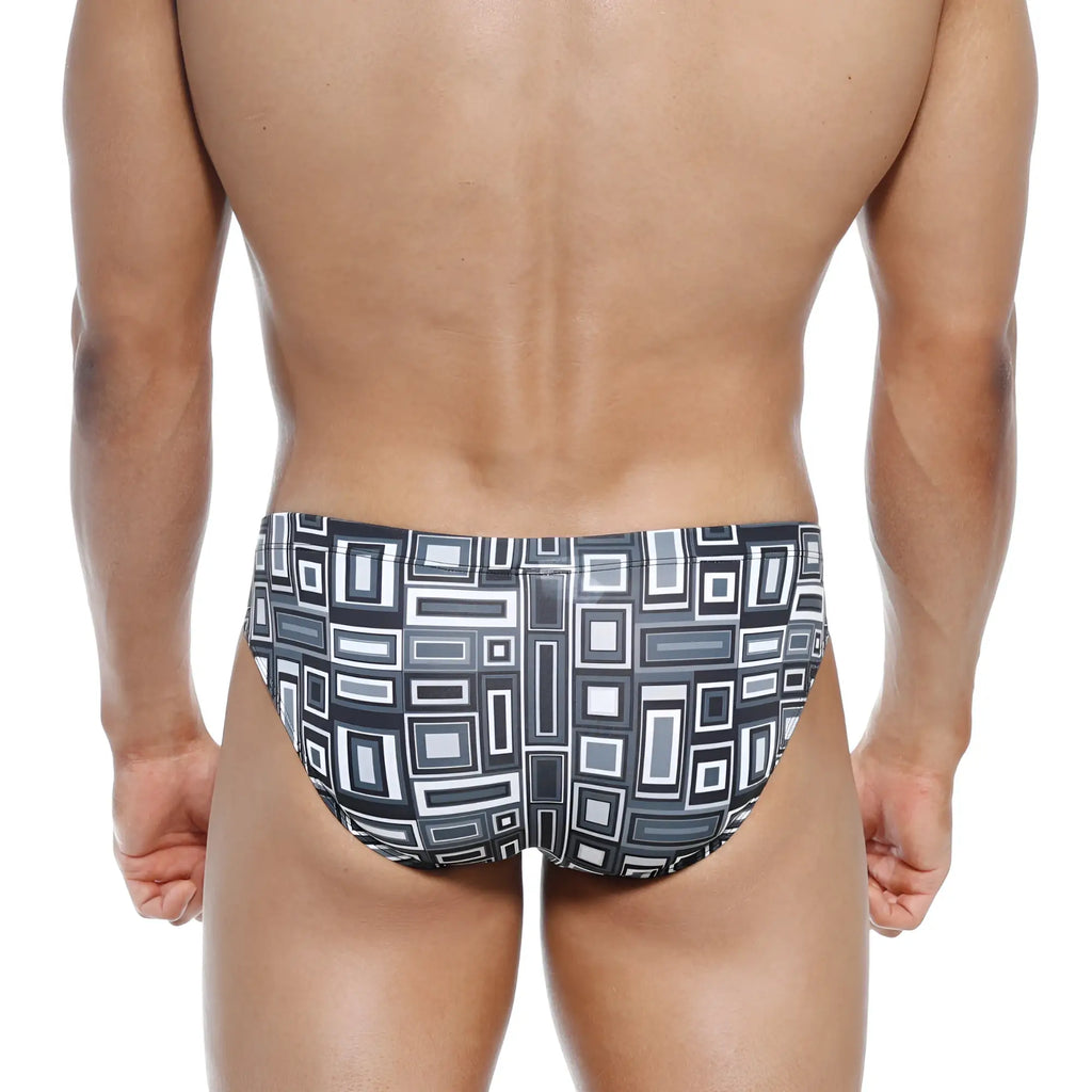 Metro male wear vasco hip brief in black and white geometric pattern with modern abstract design swim trunks