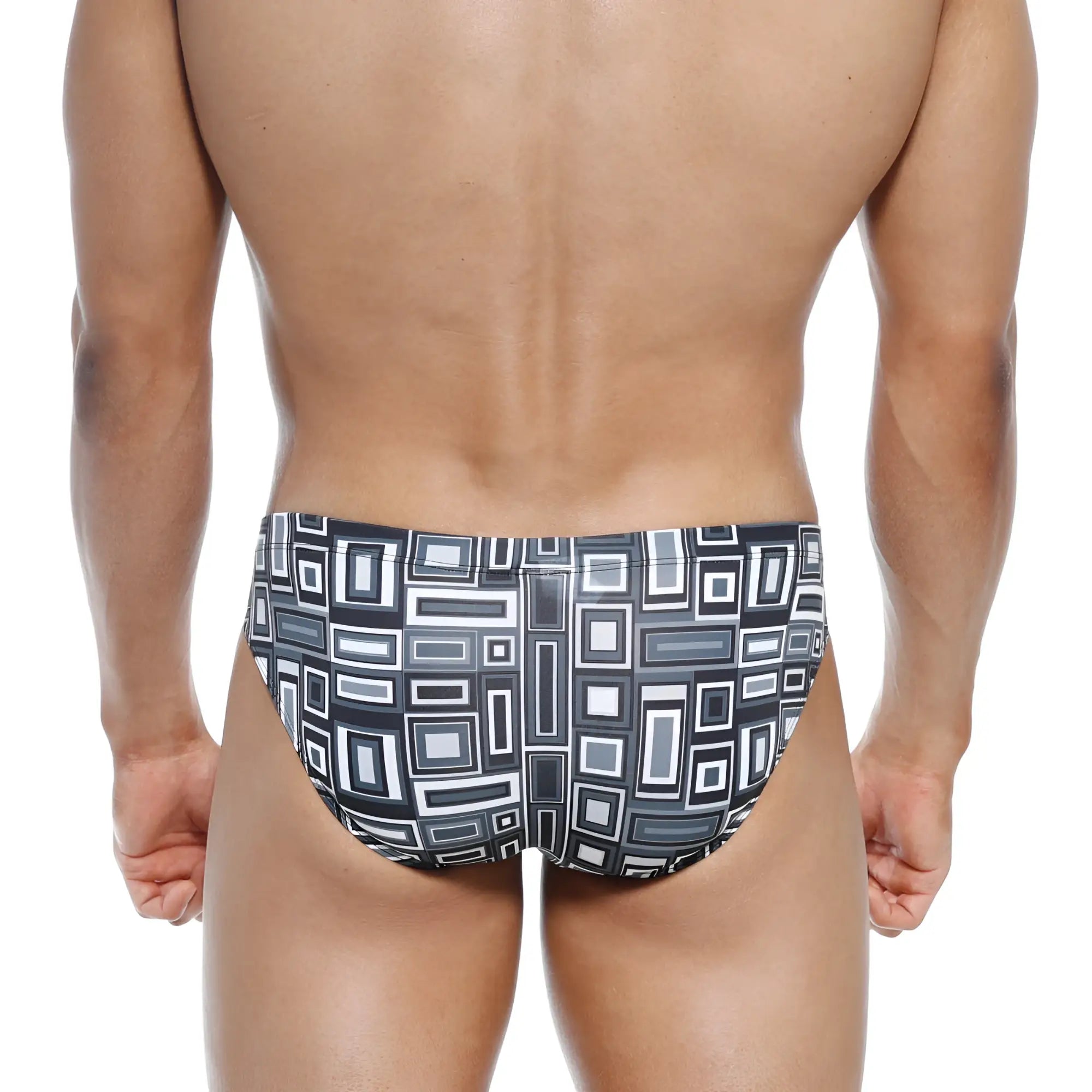 Metro male wear vasco hip brief in black and white geometric pattern with modern abstract design swim trunks