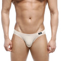 Beige metroMalewear Vasco hip brief men’s thong with black logo tag on waistband in soft fabric