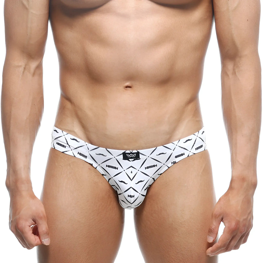 White mens briefs with bold black geometric and stylized mustache pattern branded naninen metroMaleWear Vasco Hip Brief